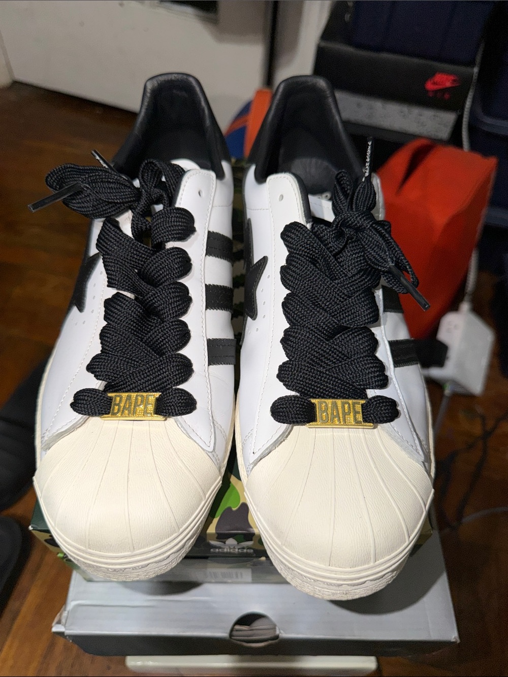 adidas x BAPE White Black Shell-Toe Sneakers with Gold Lace Tag